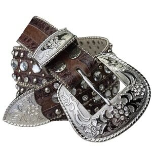 BHW Croc Leather Rhinestone Western Belt Brown Silver Floral Buckle L BHW197